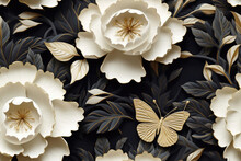 Porcelain Flowers Peonies With Butterflies With Gilding, 3D Texture