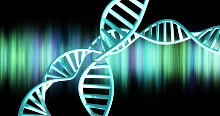 Poster - Animation of dna strands spinning with glowing light trails over dark background