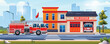 Fire station building with fire trucks on cityscape background. Vector cartoon illustration