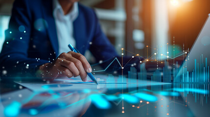 
Businessman analysis calculates financial data of growth for long-term investments with digital graph and profitability of companies with positive indicators in 2024 for development to success.