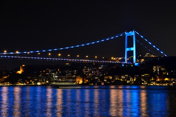 Wall Mural - night view of the bosphorus bridge and boats in istanbul 
