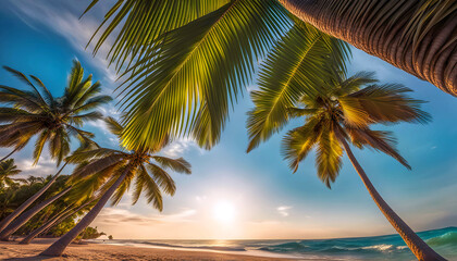 bottom view of palmeras en verano en una playa de mexico, beach holiday on the ocean, beautiful palm trees and sky,