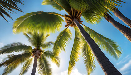 bottom view of palmeras en verano en una playa de mexico, beach holiday on the ocean, beautiful palm trees and sky,