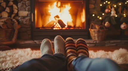 Canvas Print -  a man and a woman sitting in front of a fireplace with their feet on a rug in front of a fire.