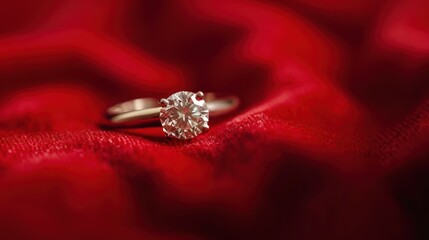 Wall Mural -  a close up of a diamond ring on a red velvet surface with a blurry red cloth in the background.