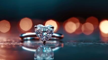 Wall Mural -  a close up of a ring with a heart shaped diamond on a reflective surface with blurry lights in the background.