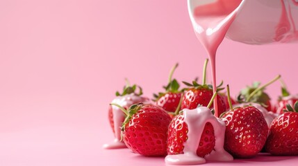 Sticker -  a pink background with strawberries being drizzled with white icing and being drizzled with strawberries.