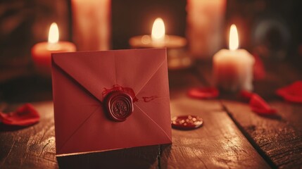 Sticker -  a red envelope with a wax stamp on it sitting on a wooden table next to candles and a wax stamp.