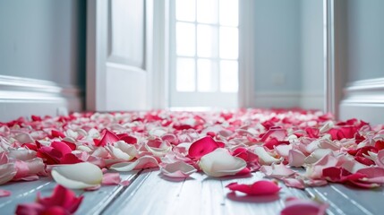 Poster -  a bunch of pink and white petals on the floor of a room with a white door and window in the background.