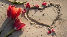  A Heart Drawn In The Sand With Two Tulips In The Shape Of A Heart And Two Petals In The Shape Of A Heart.