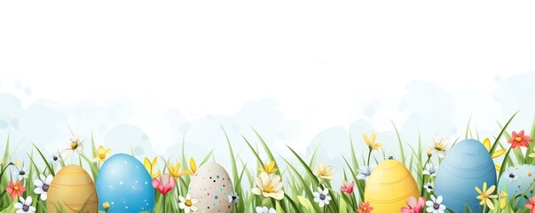 Canvas Print - Easter line art banner with colorful eggs, grass and flowers, with empty copy space Generative AI