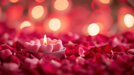 Wall Mural -  a small bowl filled with candy hearts on top of a bed of rose petals with a lit candle in the middle of the bowl.