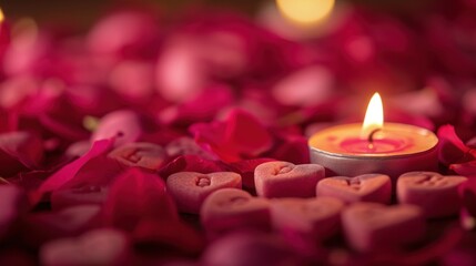 Poster -  a candle sitting on top of a pile of heart shaped pieces of heart shaped pink paper next to a candle with a lit candle in the middle of the middle.