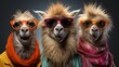 3 Lamas avec pleins de poils humoristiques qui rigolent avec des lunettes de soleil en studio photo