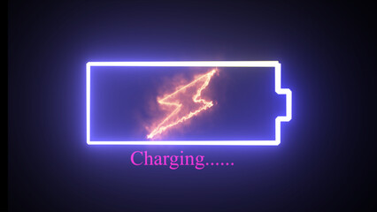 Poster - Glowing blue neon battery icon with lightning bolt on a black background. Lightning blinking purple bolt symbol