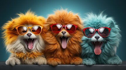 3 animaux avec pleins de poils humoristiques qui rigolent avec des lunettes de soleil en studio photo