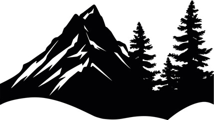 Wall Mural - Black silhouette of mountains and forest fir trees camping landscape panorama illustration icon vector for logo, isolated on white background. AI generated illustration