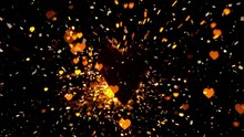 Animation Of White Confetti Falling Over Yellow Heart Icons And Light Sparks On Black Background