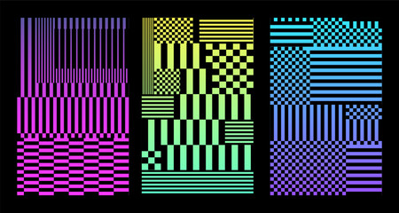 Y2k Pixels glitch trendy print , QR - pattern abstract poster, Cyber futurism, Minimal graphic design, 8 bit, rave, Sequence of QR codes, neon gradient. 