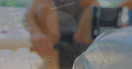 Poster - animation of financial data processing over caucasian man exercising in gym