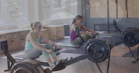 Poster - animation of financial data processing over diverse people exercising in gym