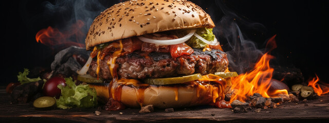 Wall Mural - Tasty spicy fried hamburgers with burning fire on dark background.