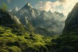 Beautiful mountain landscape, rocks with moss, sunny day in the mountains, fog in the mountains