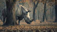 A Rhino At The Foot Of A Tree 