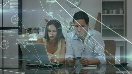 Poster - Animation of network of connections over caucasian couple using laptop