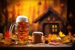 A mug of beer sits on top of a table, promising a refreshing and enjoyable experience, A traditional German beer stein in an Oktoberfest setting, AI Generated