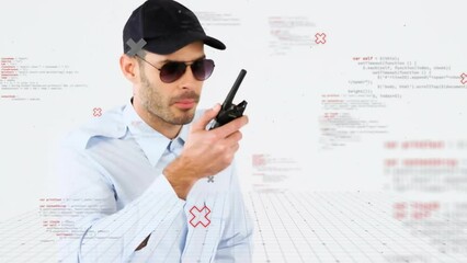 Poster - Animation of data processing over caucasian male security guard using walkie talkie