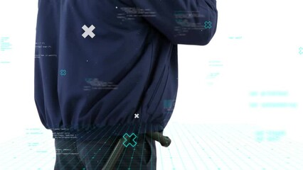 Poster - Animation of data processing and media icons over caucasian male security guard using walkie talkie