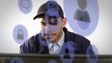 Poster - Animation of data processing and media icons over caucasian male security guard using computer