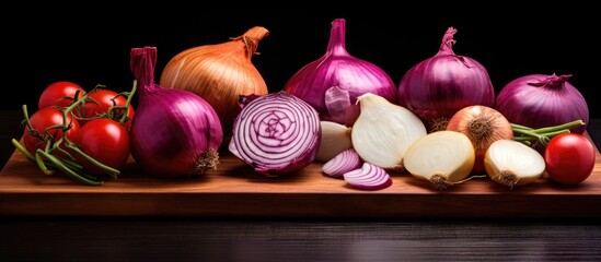 Canvas Print - Photo displays various onion cuts on a wooden board, ranging from small dice to julienne.