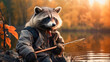raccoon in clothes fishing with a fishing rod on the shore of the lake