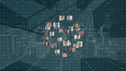 Poster - Animation of network of connections with business people over cityscape