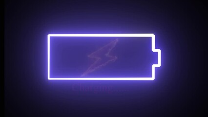 Poster - Glowing blue neon battery icon with lightning bolt on a black background. Lightning blinking purple bolt symbol
