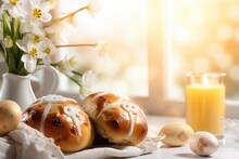 Hot Cross Buns With Freshly Squeezed Juice On A Table In A Country Cottage, Good Friday, A Religious Holiday. Sun Rays From The Window. High Quality Photo