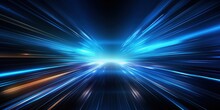 Abstract, Science, Futuristic, Energy Technology Concept. Digital Image Of Light Rays, Stripes Lines With Blue Light, Speed And Motion Blur Over Dark Blue Background