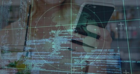 Poster - Animation of data processing and globe over caucasian woman with drink
