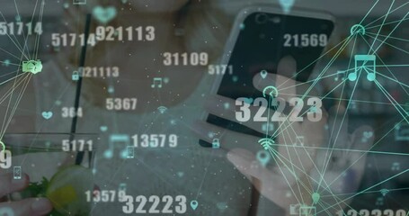 Poster - Animation of data processing and media icons over caucasian woman with drink using smartphone