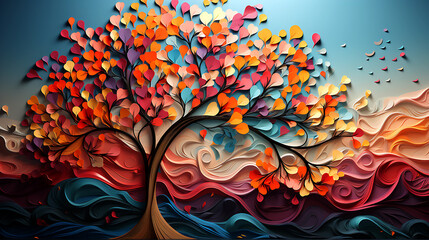 Elegant colorful tree with vibrant leaves hanging branches. 3d abstraction wallpaper