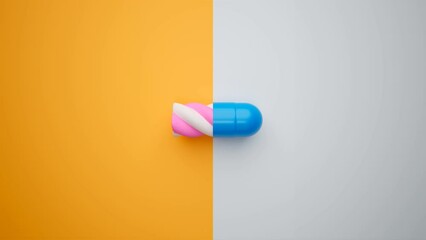 Bisected Marshmallow and capsule. Fluffy candy and medicine cut in the middle.