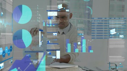 Poster - Animation of stock market and data processing with diagrams over biracial man using globe