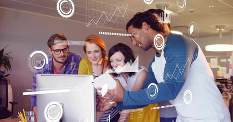 Poster - Animation of data processing and diagrams over diverse business people discussing work