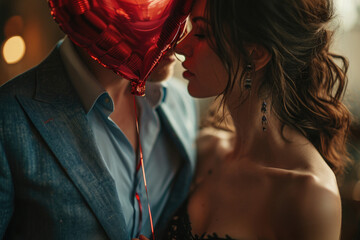 Wall Mural - romantic moment between a couple with a shiny red heart shaped balloon. The man is wearing a suit and the woman is wearing a black dress. Romantic atmosphere, love and Valentine's Day