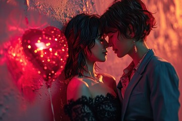 Wall Mural - romantic moment between lesbian couple with shiny red heart shaped balloon. Romantic atmosphere, love and Valentine's Day