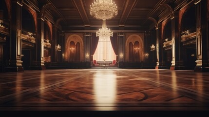 Grand hall with chandeliers, ornate columns, crystal chandelier, large windows, and shiny wooden flooring.