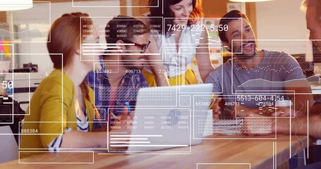 Poster - Animation of data processing and diagrams over diverse business people discussing work