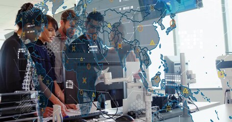 Poster - Animation of data processing and world map over diverse business people discussing work